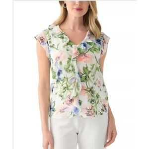 Tahari Floral Ruffle Front Blouse Sleeveless V-Neck Top White Blue XL